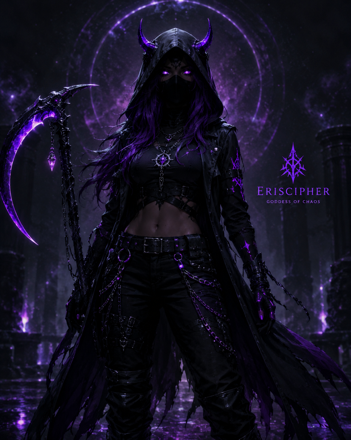 Eris Cipher, a hooded figure with luminous violet eyes holding a crescent scythe